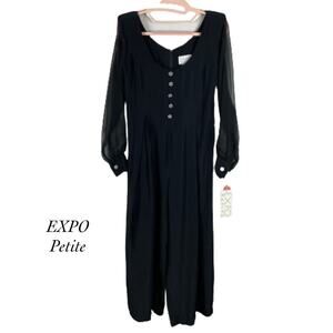 Vintage EXPO Petite Black Jewel Button Wide Leg Jumpsuit NWT Size 2 Made in USA